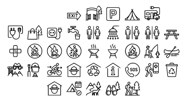 Modern Campsite Wayfinding Line Icons Collection with Outdoor Recreation and Camping Signs