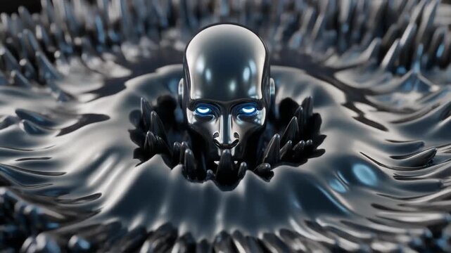 Futuristic Robotic Face Emerging From A Pool Of Magnetic Liquid Metal Loop