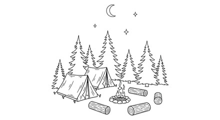 Camping scene with tent trees and campfire black and white vector illustration © MDAliAkbor