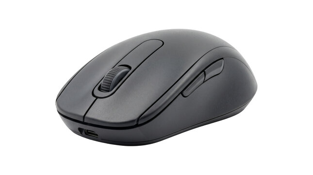 Modern ergonomic black wireless computer mouse with scroll wheel isolated on transparent background png.