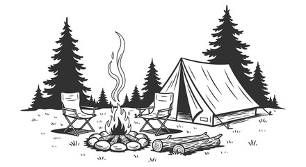 Camping scene with tent trees and campfire black and white vector illustration © MDAliAkbor