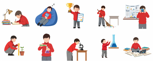 Fototapeta premium Set of a young boy student character doing various activities like studying, scientific experiments, cleaning, and winning awards. Flat vector illustration for educational design.
