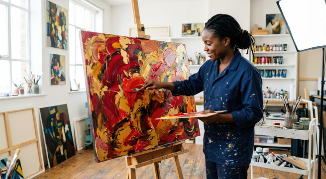 Smiling Black female artist painting an abstract canvas with red yellow and black colors. African American woman working in creative art studio. Juneteenth theme cultural expression