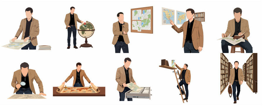 Male researcher and historian character illustrations exploring vintage maps and working in a library archive