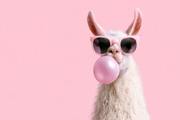 Obraz premium Llama blowing bubble gum while wearing sunglasses in front of a pink background at a playful setting