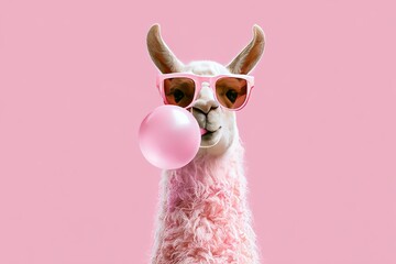 Obraz premium Llama wearing sunglasses and blowing bubble gum with pink background