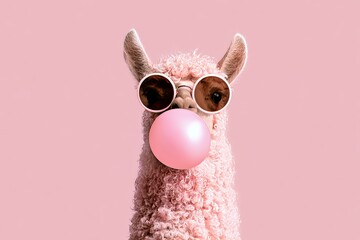 Obraz premium Llama chews gum while wearing sunglasses against a pink background in a fun indoor setting with a playful vibe