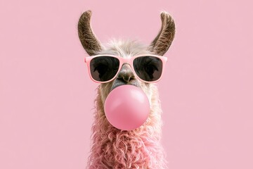 Obraz premium Llama blows pink bubble gum while wearing pink sunglasses against a pink background in a playful scene