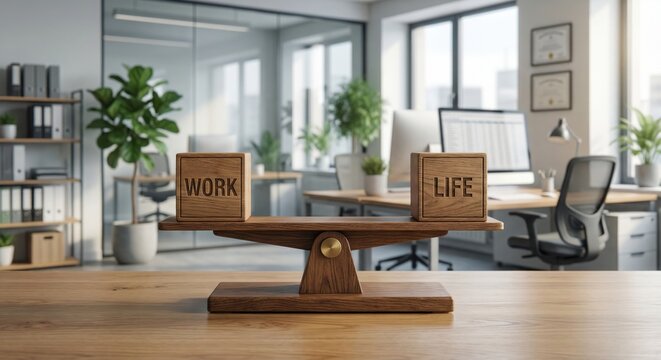 Work and life blocks on a balance scale in a modern office. Concept of choice, priorities, decision making, tradeoffs, career direction and personal values