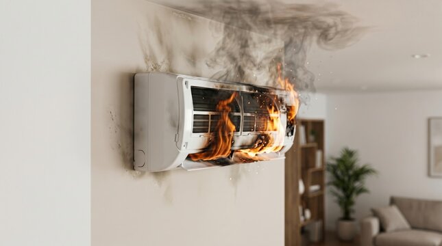 Burning wall mounted air conditioner with flames and smoke indoors. Electrical fire hazard, appliance malfunction, home safety risk, overheating equipment and emergency concept