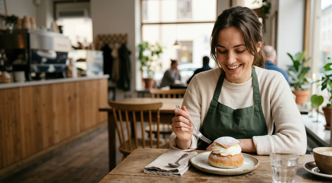 Woman eating a traditional Swedish semla bun in a cafe. Happy person enjoying a cream-filled pastry at a wooden table
