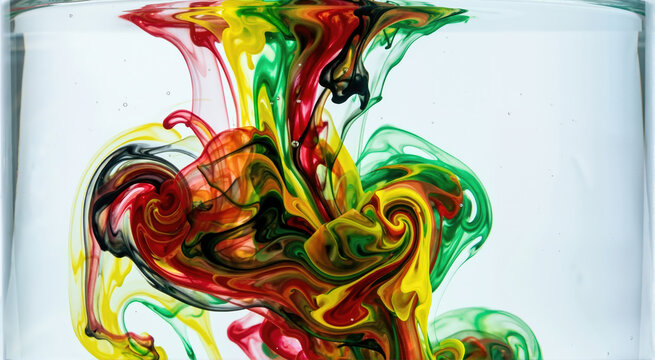 Abstract background of red green yellow and black liquid paint mixing in water. Vibrant fluid motion and organic swirling shapes. Juneteenth colors concept