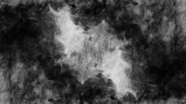 An abstract, slow-motion video showing black ink dropping from the top edge and gracefully dissolving into water against a clean white background. The ink forms dense, fluid textures expands downwards