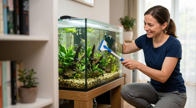 Woman kneeling to clean aquarium glass with a scraper tool. Female doing routine maintenance on a planted freshwater fish tank in a living room. Home pet care hobby