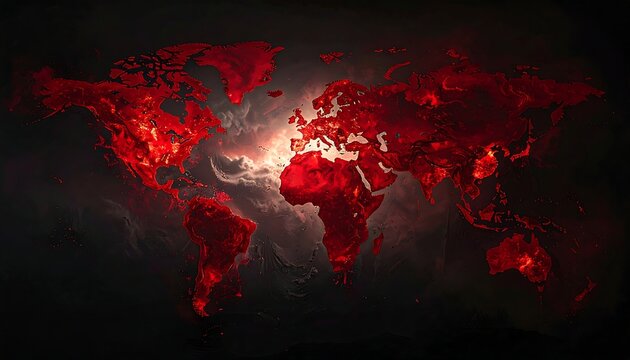 A dark world map with red highlighted continents on a black background