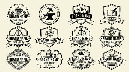 Fototapeta premium Collection of Vintage Emblem Badges with Diverse Retro Icons for Branding and Design Projects, Featuring Classic Style Elements and Customizable Layouts