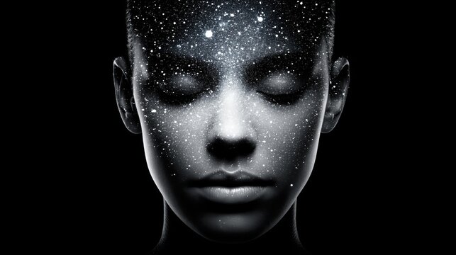 Surreal human face filled with stars symbolizing mindfulness, subconscious mind and inner world. Concept of spirituality, imagination, dreams, self-awareness and deep thought
