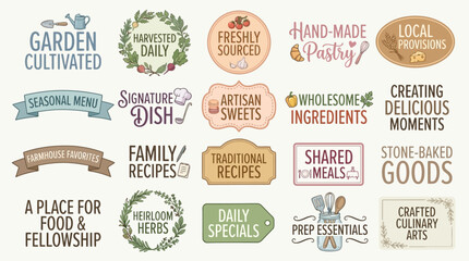Obraz premium Collection of charming hand-drawn badges and labels for culinary and artisanal businesses