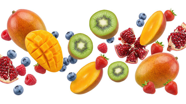 Fresh tropical fruit explosion on white background, flying mango slices with kiwi and berries, colorful exotic fruit composition for healthy food design