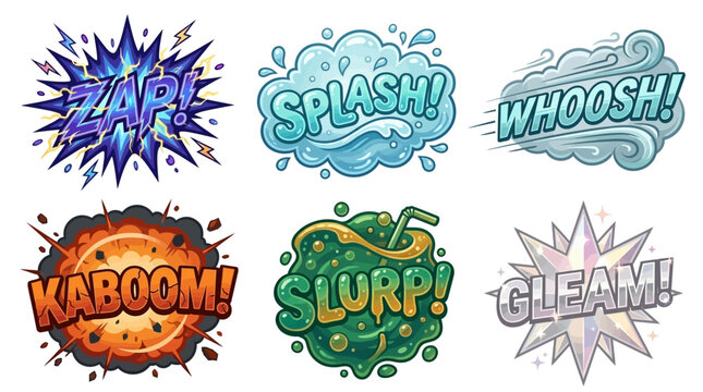 Collection of comic book sound effect word art illustrations