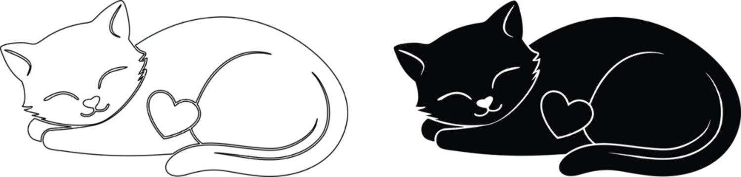 Sleeping cat with heart silhouette and outline vector graphics for animal lovers and pets.