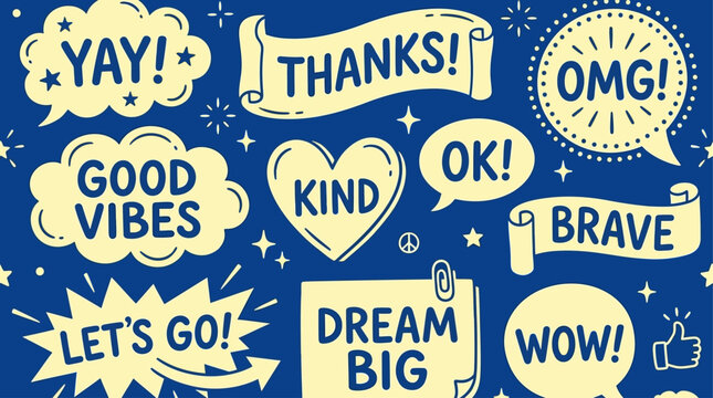 Collection of motivational phrases and positive affirmations in speech bubbles