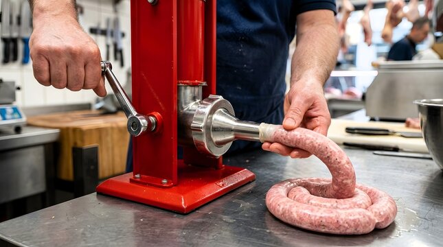 Butcher hands manually cranking a red sausage filling machine to create fresh meat links in a shop