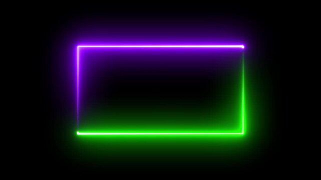 Abstract green and purple glowing neon rectangle frame border on black background
