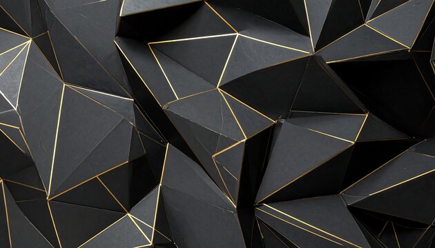 A dark gray 3D geometric pattern with gold lines