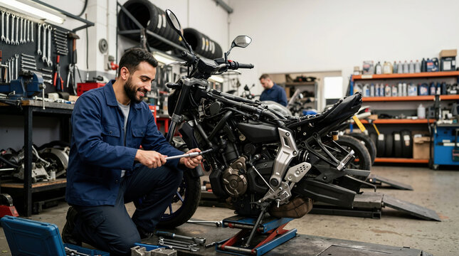 Arab mechanic fixing a motorcycle with a wrench in a repair shop. Smiling Middle Eastern man in blue uniform working on a motorbike in a garage