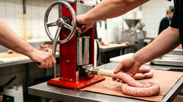 Butcher hands operating a professional manual sausage stuffer in a commercial kitchen environment