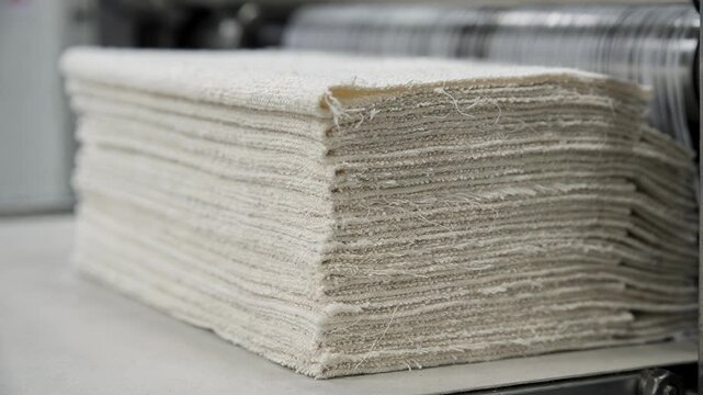 Closeup medium shot capturing naturalcolored Cfolded towels stacking evenly as they exit the interfolding machine emphasizing fabric texture and softness.