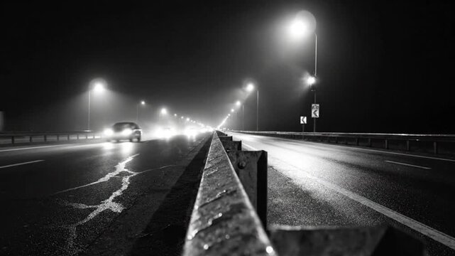 Black and white view of a foggy highway at night with illuminated street lamps and passing traffic