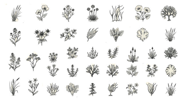 Vintage Coastal Set, Detailed Botanical Illustrations of Seashore Plants, Seaweed and Marine Vegetation Chart, Editable Vector Strokes Illustrations, 