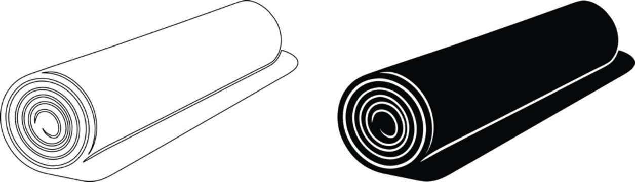 Yoga mat roll icon set with outline and solid silhouette vector illustrations for sports.