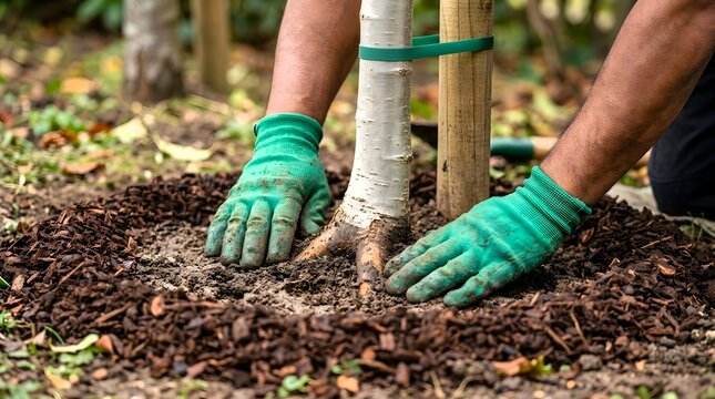Gardener wearing green gloves adds mulch around the base of a young tree in a garden setting
