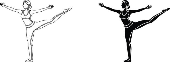 Woman ballerina dancer balancing in pose icon set in line art and solid black design style. © Aroti