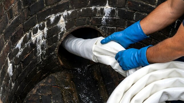 Worker in blue rubber gloves installing a flexible pipe liner inside an old brick sewer tunnel