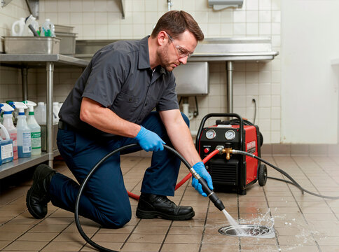 Plumber cleaning commercial kitchen floor drain with pressure washer. Male worker in safety gear spraying water to unblock pipe. Professional restaurant sanitation and plumbing maintenance
