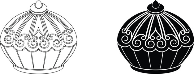 Decorative dome outline and solid black illustration ornate architectural element on checkered background. © Aroti