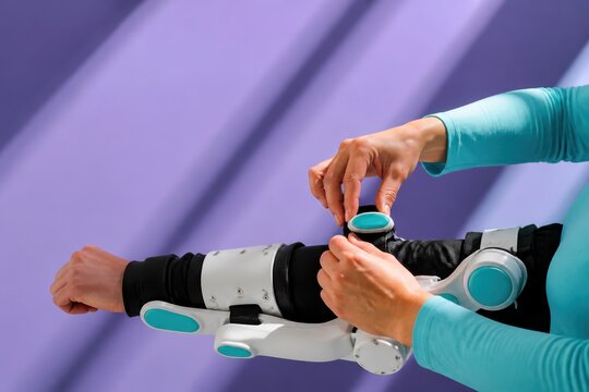 Close up of a patient using a robotic arm exoskeleton for rehabilitation and mobility support during therapy