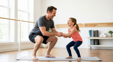 Obraz premium Father and daughter doing squats together in a fitness studio. Happy family exercising and holding hands on a yoga mat