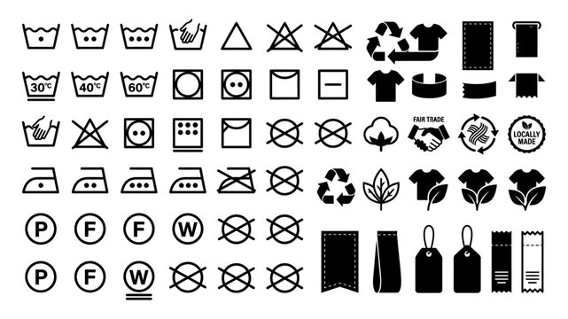 Laundry Care Symbols and Garment Label Icons Set Collection Vector