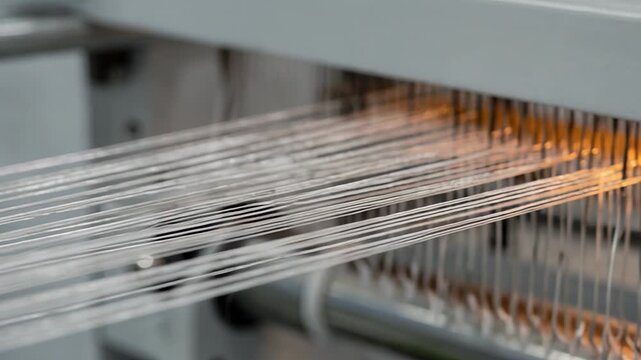 Closeup medium shot of polyester fibers being stretched and heattreated for lowshrink properties highlighting precise tension control and fiber alignment during manufacturing.