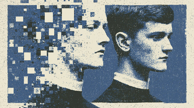 Dual Portrait of Man &mdash; Real Self vs Digital Identity, Public Mask and Hidden True Self Concept