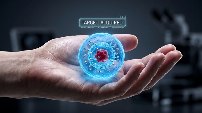 Hand holding a glowing blue target with a red center and digital display in a laboratory setting with a microscope