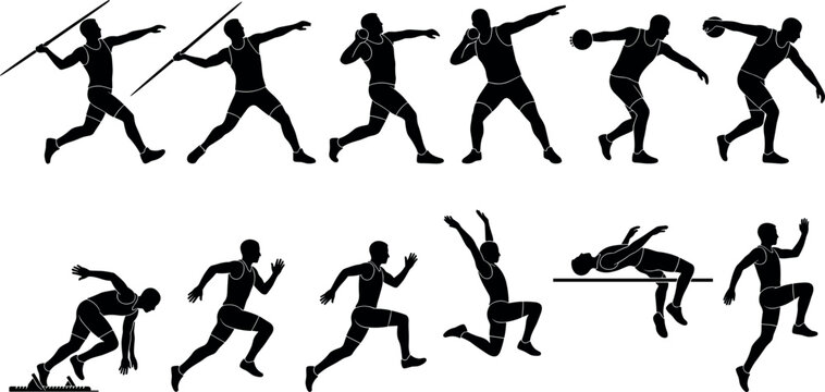 Track and Field Athlete Black Silhouette Icon Set with Javelin Throw Shot Put Discus Running Long Jump and High Jump Symbols for Sports Championship Designs
