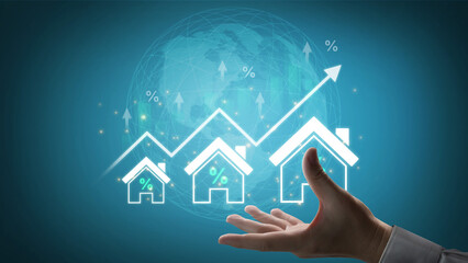 Concept of real estate investment and a rising housing market. The increase in property value is...