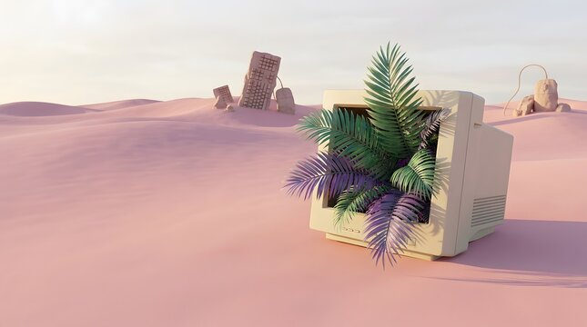 Retro computer monitor with palm leaves in pink desert