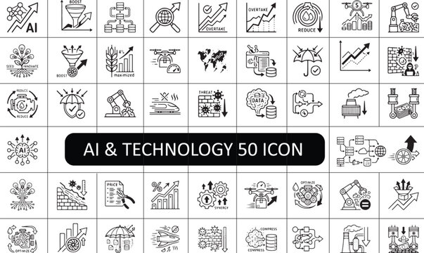 Artificial Intelligence and Advanced Technology Line Icon Set Featuring Data Analytics, Automation Robots, Cloud Computing, Risk Management, and Digital Transformation Trends
